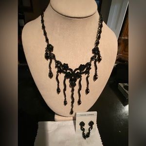 Vintage black necklace and earring set. Costume jewelry.